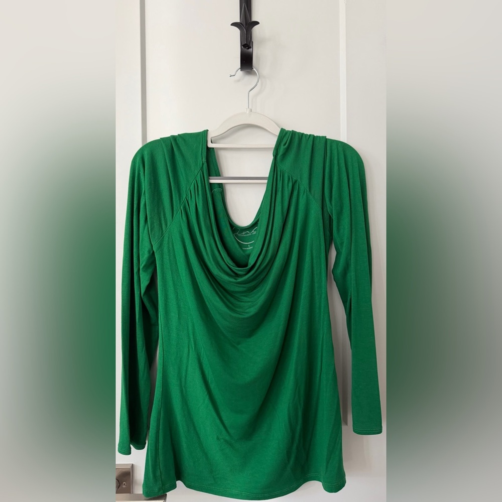 INC International Concepts Green Draped Cowl Neck Long Sleeve Top L